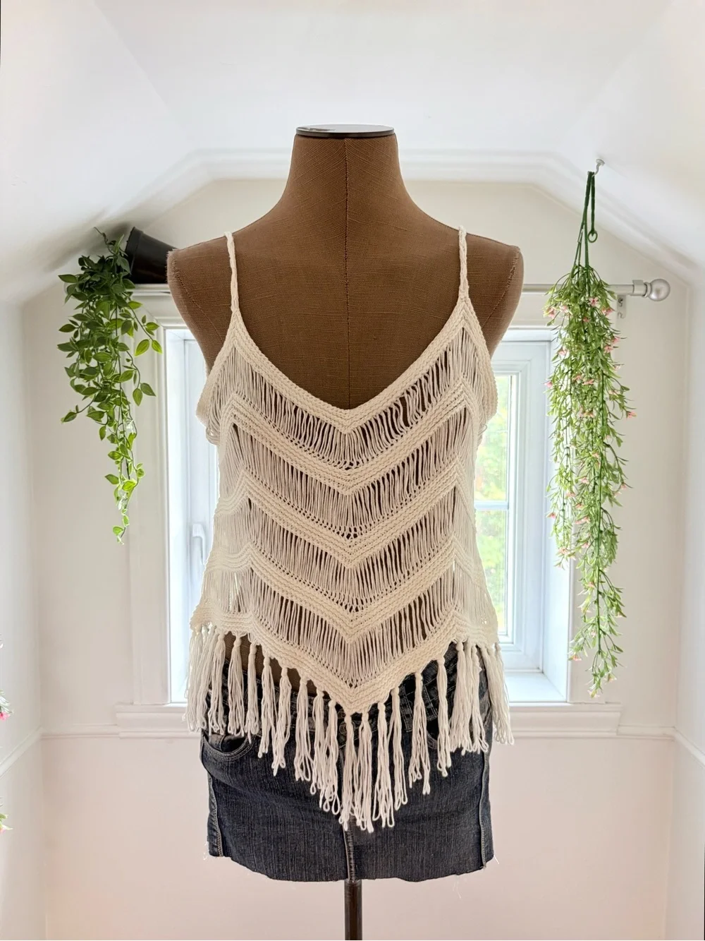 Boho Crochet Fringe Tank Top - Cream - Picture 1 of 3